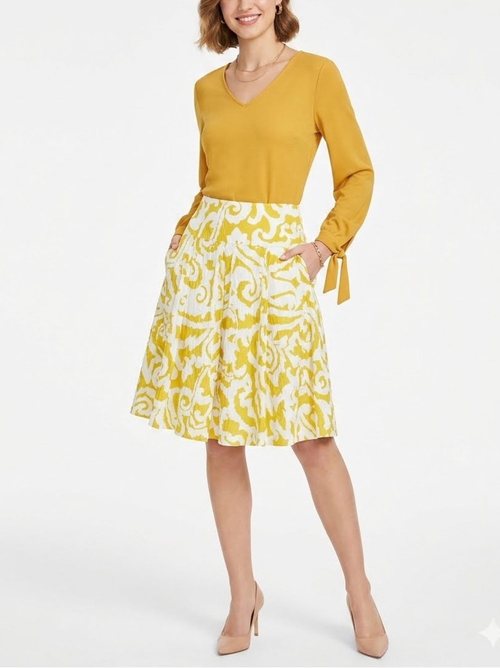 INC White & Yellow Abstract Damask Print Lined Midi Sequin Skirt Size 0 NWT